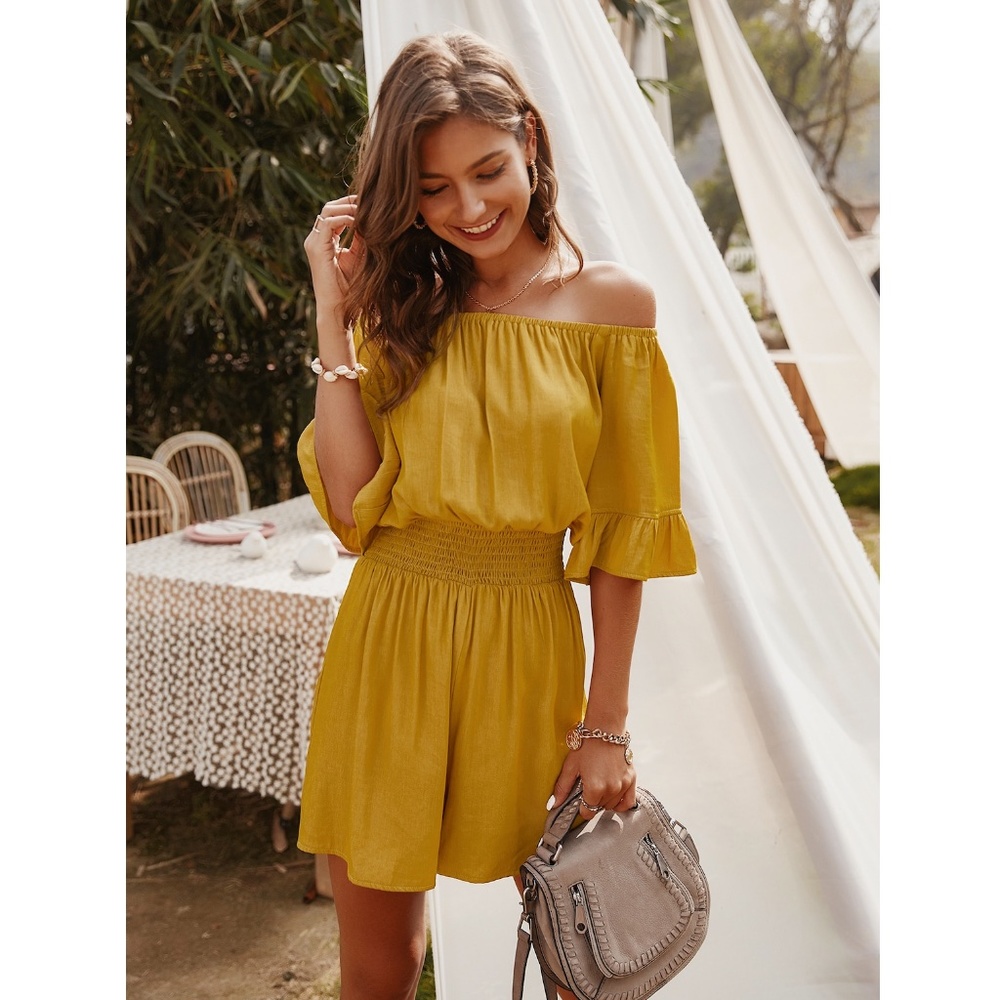 Mustard Yellow Off Shoulder Ruffle Detail Romper - Picture 4 of 7